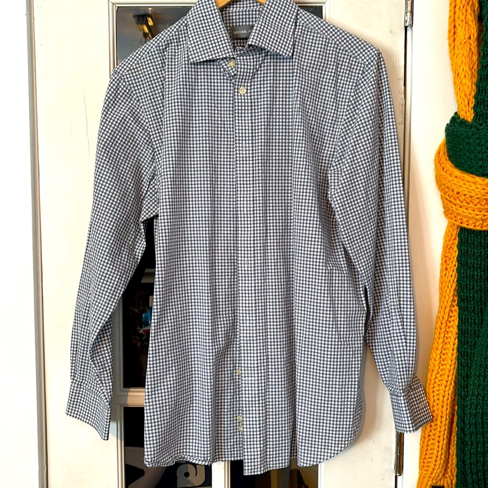 Mikael kors men’s medium collared buttoned long sleeve blue black micro plaid.